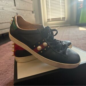 Gucci Ace Sneakers Rare Black with Pearls and gold Spikes